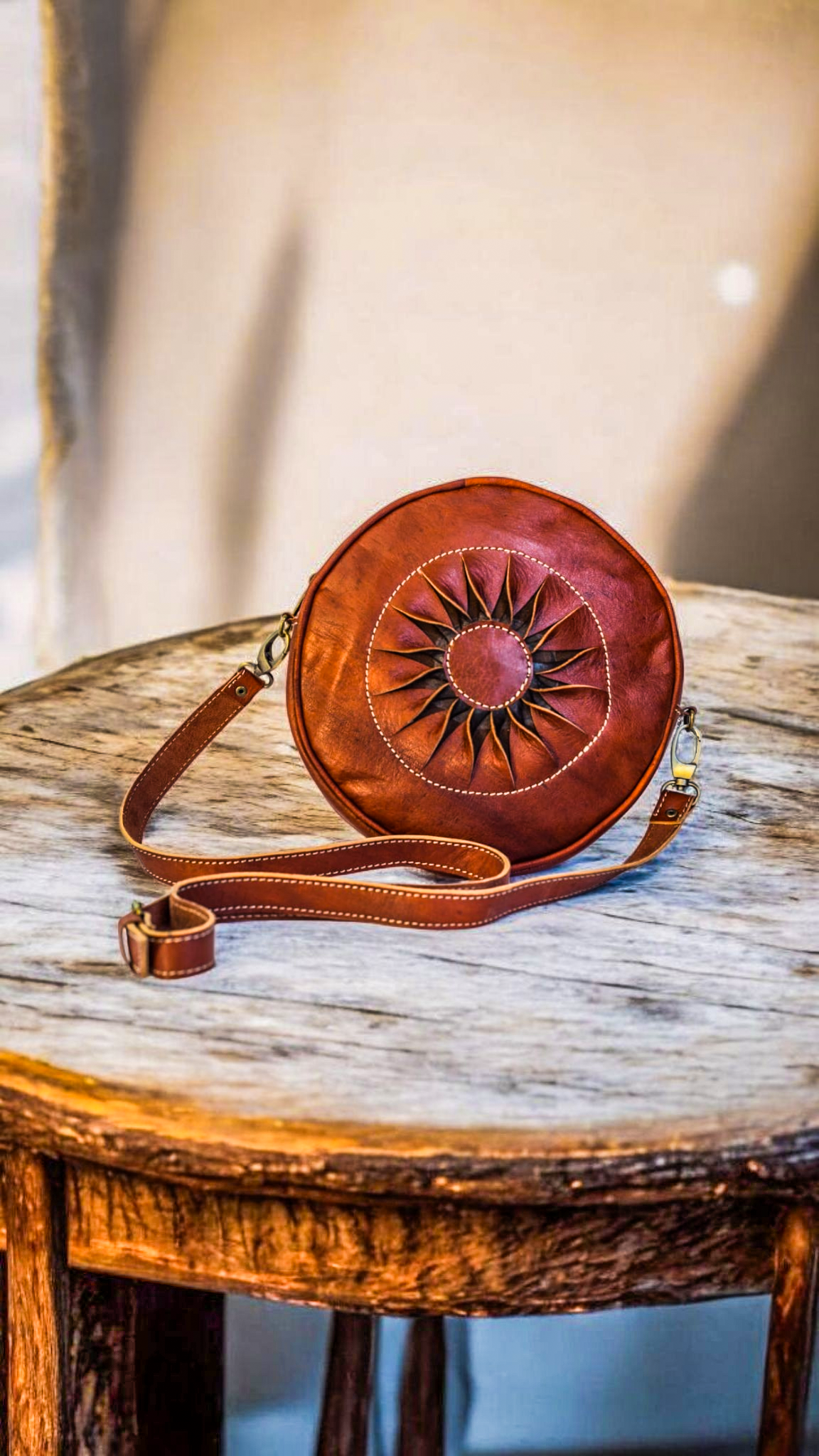 Handcrafted Round Leather Crossbody Bag – Sunburst Brown