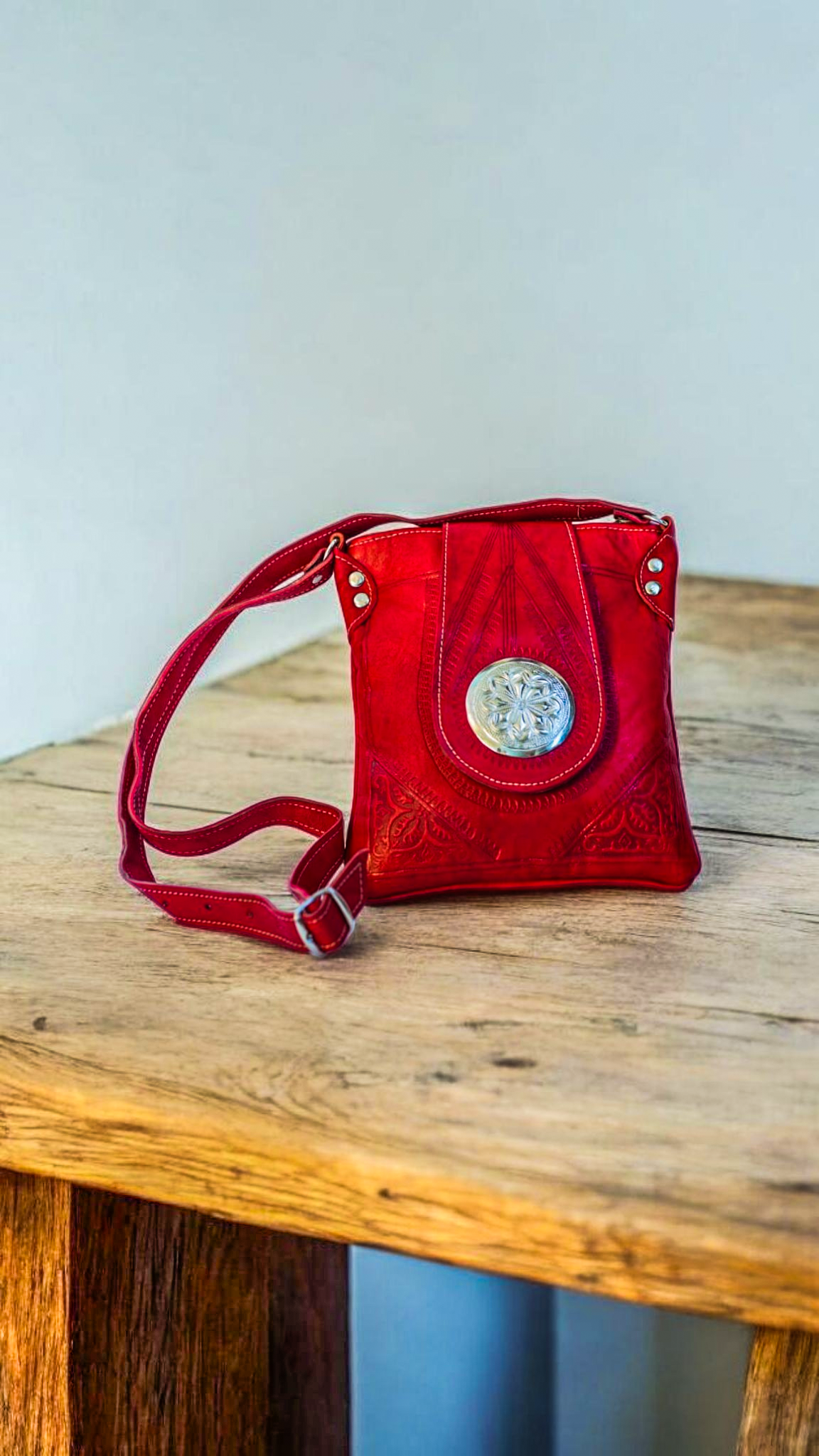 Handcrafted Leather Crossbody Bag – Deep Red