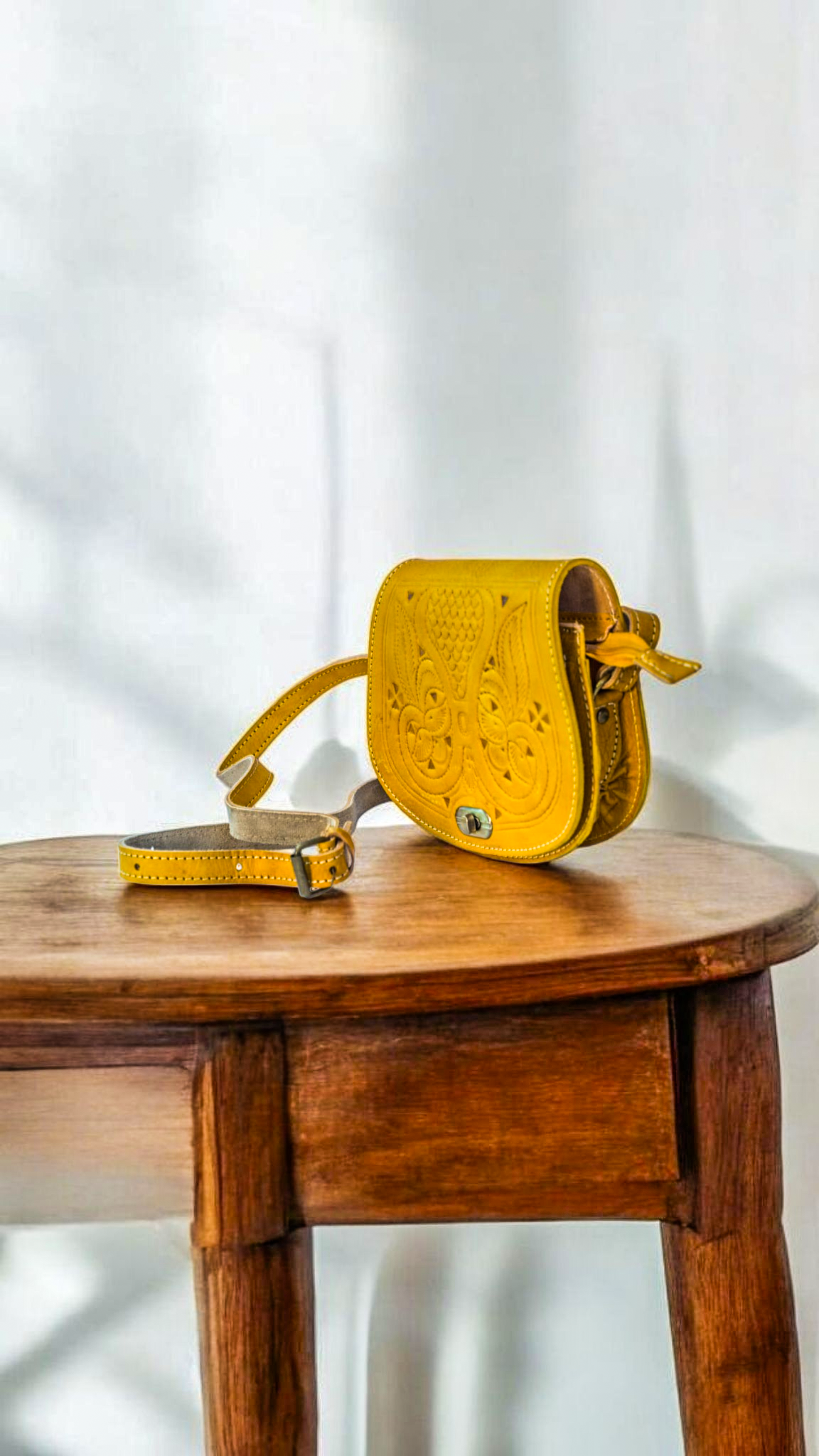 Handcrafted Embossed Leather Crossbody Bag – Mustard Yellow